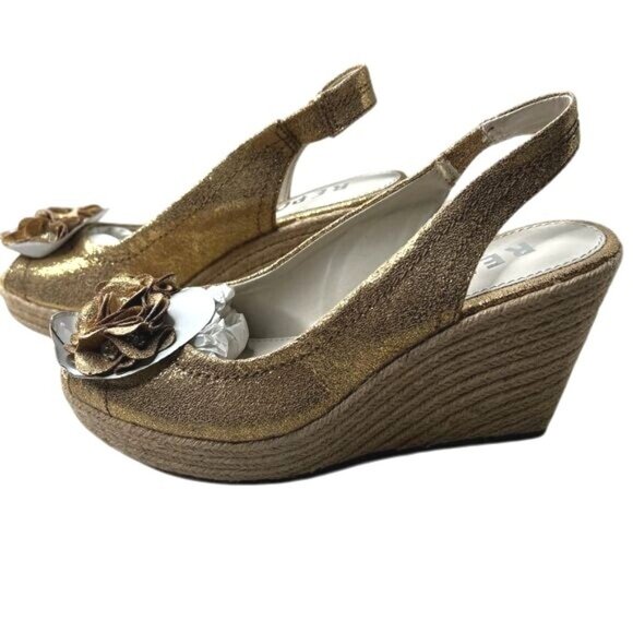 Report Gold Slingback Wedge Sandals With Floral Accents & Glitter Finish Size 8 - Picture 4 of 9